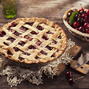 Cherry pie with lattice crust.